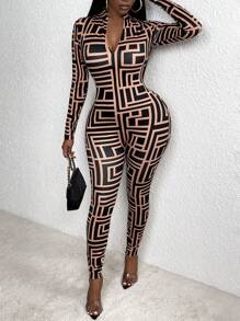 Slaydiva 音乐节情人节性感街头几何印花拉链紧身连体裤 - 彩色 - 查看 1