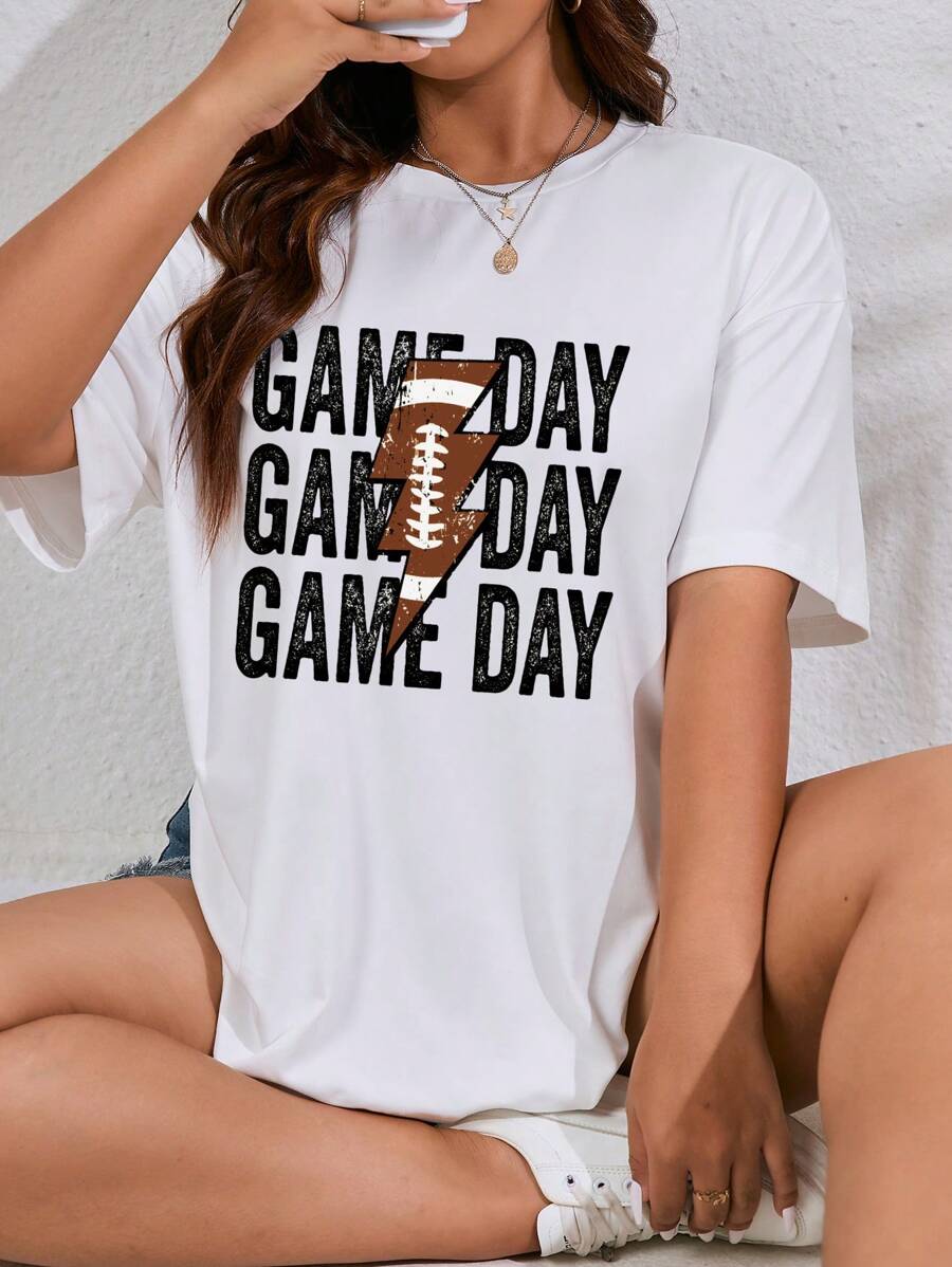 SHEIN EZwear Plus Letter Graphic Drop Shoulder Tee - White - View 1