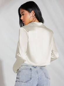 SHEIN BAE Solid Button Front Satin Crop Shirt,Long Sleeve Tops