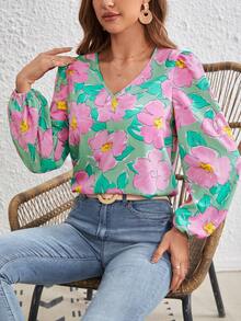 SHEIN VCAY Floral Print Lantern Sleeve Blouse - Green - View 3