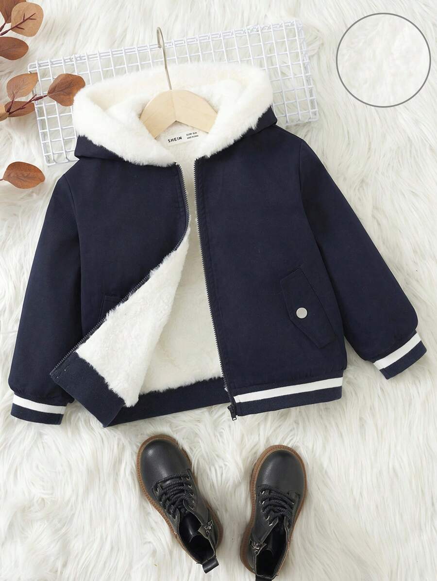 SHEIN Young Boy Thermal Lined Striped Trim Hooded Jacket - Navy Blue - View 1