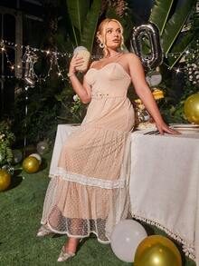 Glamaker 大碼蕾絲拼接荷葉邊網紗吊帶洋裝 - 淺粉色 - 查看 6