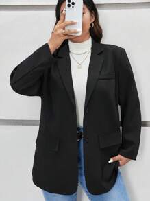 SHEIN Frenchy Plus Lapel Neck Single Breasted Blazer - Black - View 5