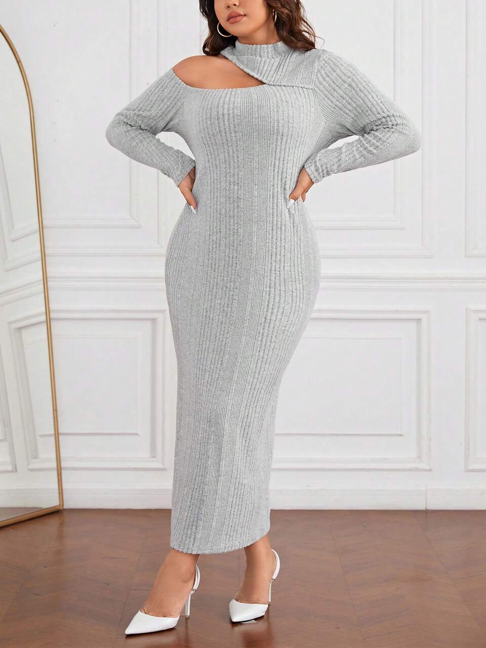 Plus Cut Out Split Thigh Ribbed Knit Dress
