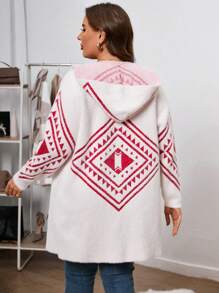 SHEIN Clasi Plus Geo Pattern Drop Shoulder Hooded Duster Cardigan - Red and White - View 2