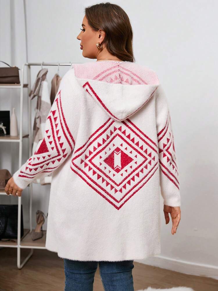 Plus Geo Pattern Drop Shoulder Hooded Duster Cardigan