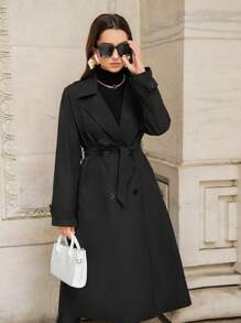 SHEIN Privé Double Breasted Belted Trench Coat,Fall And Winter,Business Casual,Elegant,Black,Long Sleeve - Black - View 7