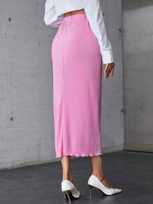 SHEIN Privé Solid Lettuce Trim Pencil Skirt - Pink - View 2