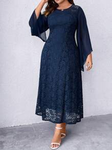 Rometta Plus Flare Sleeve Lace Overlay Dress Maxi Women Outfit Fall Cloth For Women - Navy Blue - View 3