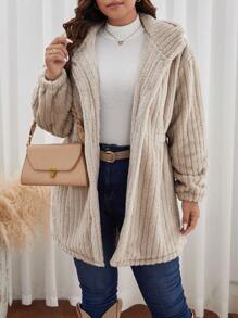 SHEIN Frenchy Plus Drop Shoulder Hooded Flannelette Coat Winter Fall Autumn - Apricot - View 6