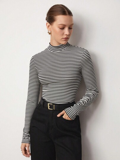 BizChic Women's Black & White Striped Turtleneck Long Sleeve Fitted T-Shirt, Basic Top For Outings, Office, Business Casual, Autumn