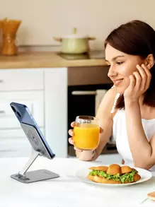 JMMO 手机支架铝制，硅胶防滑可调节折叠手机支架，适用于办公桌旅行、办公桌配件 - 銀色 - 查看 5