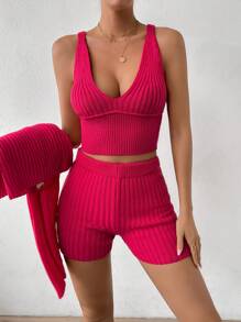 Chiquease Top unicolor tejido de canalé & Cárdigan & Shorts tejidos - Rosa Fucsia - Ver 5