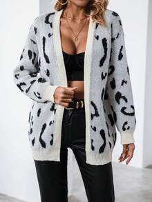 SHEIN Essnce Leopard Pattern Drop Shoulder Cardigan - Beige - View 6