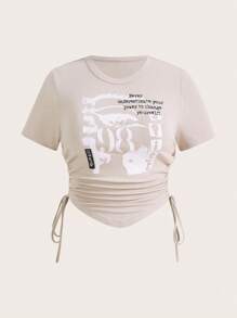 SHEIN EZwear Plus Slogan Graphic Drawstring Side Hanky Hem Tee Never Underestimate Your Power To Change Yourself - Beige - View 1