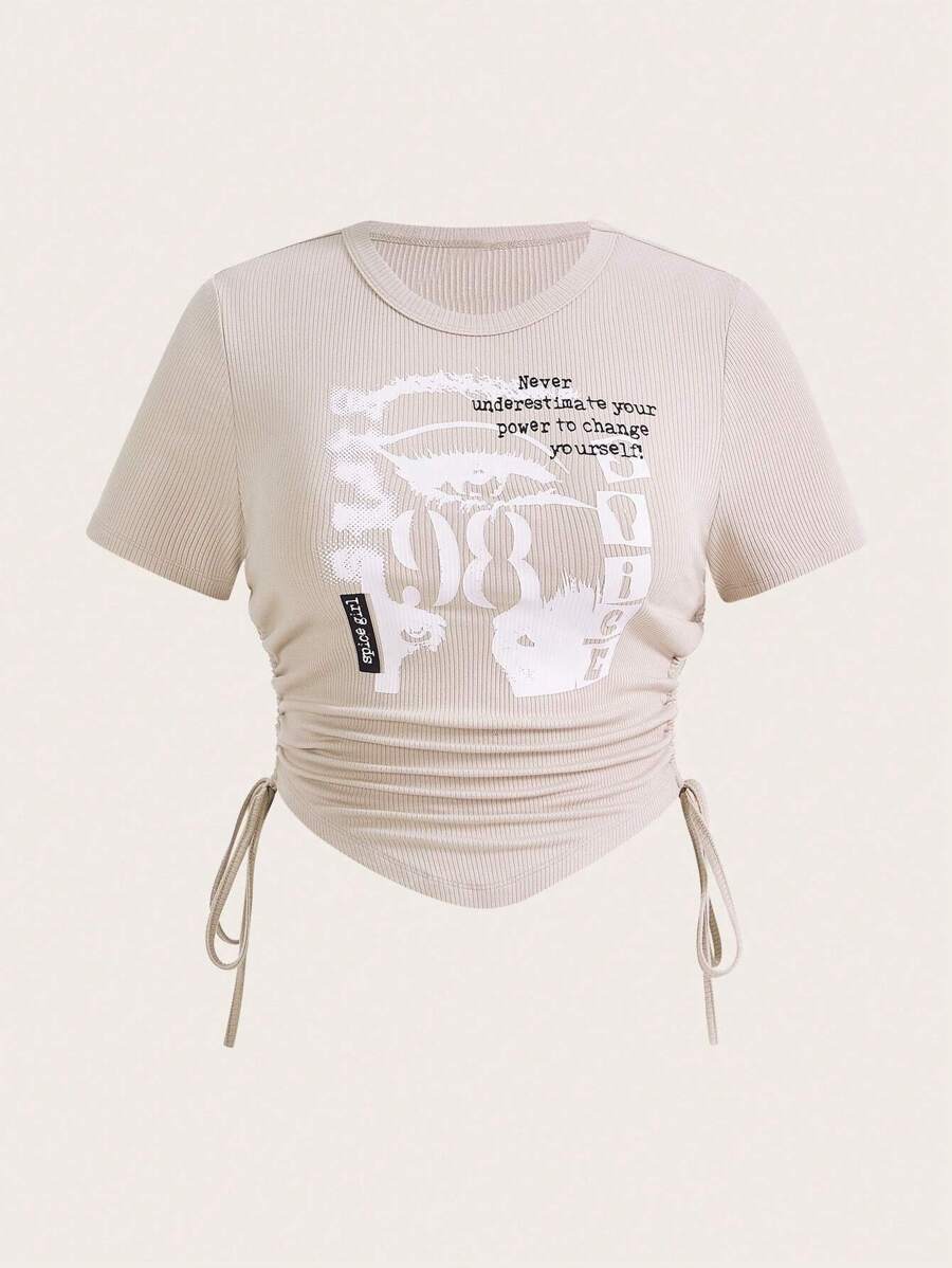 SHEIN EZwear Plus Slogan Graphic Drawstring Side Hanky Hem Tee Never Underestimate Your Power To Change Yourself - Beige - View 1