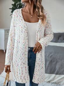 SHEIN LUNE 针织落肩长袖开衫，女士春秋休闲常规袖宽松白色纯色女士开衫，休闲日常装，长袖上衣 - 白色 - 查看 5