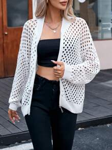 SHEIN Essnce Hollow Out Zip Up Drop Shoulder Bomber Jacket - Beige - View 4