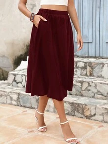 Solid Slant Pocket Flare Skirt - Burgundy - View 6