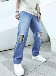 Manfinity EMRG 男士破洞直筒牛仔褲 - 淺色水洗藍 - 查看 5