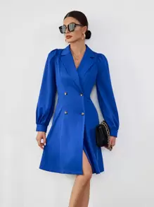 SHEIN Privé Lapel Neck Puff Sleeve Double Breasted Trench Coat - Blue - View 7