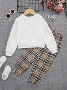 SHEIN Young Girl Casual Fleece Round Neck Sweatshirt And Grid Pattern Elastic Cuff Long Pants - Multicolor - View 2