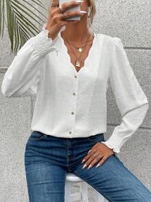 SHEIN Frenchy 圓點貝殼邊燈籠袖襯衫 - 白色 - 查看 5
