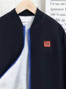 SHEIN Tween Boy Slogan Graphic Drop Shoulder Bomber Jacket Without Bag - Black - View 8