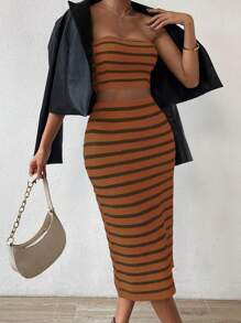 Chiquease Striped Pattern Tube Knit Top & Knit Skirt - Brown - View 5