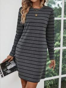 SHEIN LUNE Striped Print Hidden Pocket Tee Dress - Multicolor - View 4