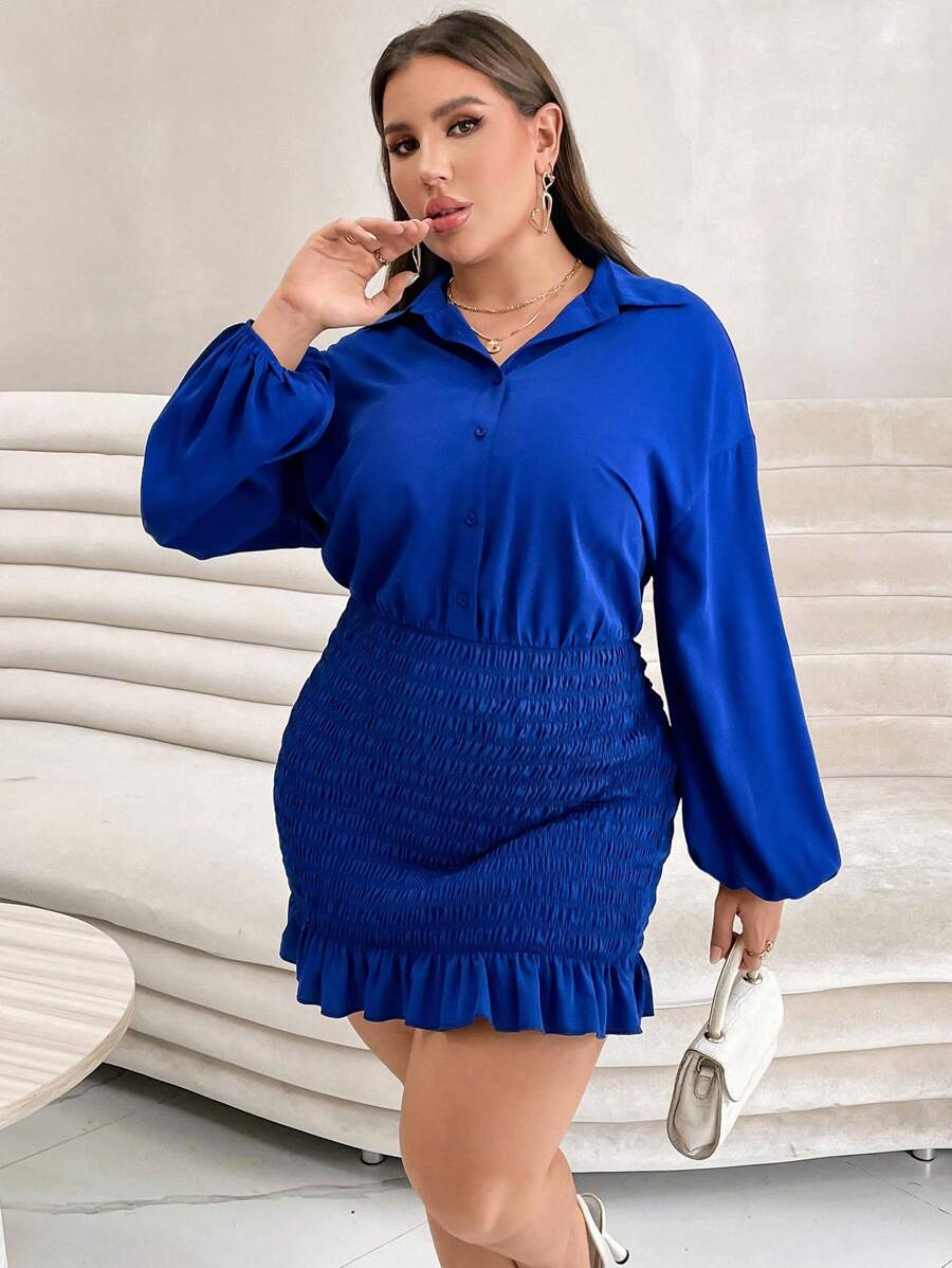 SHEIN Privé 大碼燈籠袖荷葉邊襯衫洋裝 - 藍色 - 查看 1