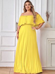 大碼一字肩百褶下擺洋裝 - 黃色 - 查看 5