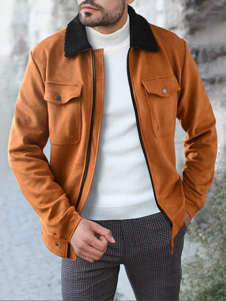 Loose Fit Men's Borg Collar Jacket With Flap Pockets