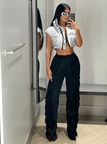 SHEIN ICON 拉链短款背心夹棉外套 - 銀色 - 查看 5