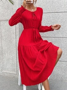 SHEIN VCAY 繫帶領燈籠袖荷葉邊洋裝 - 紅色 - 查看 6
