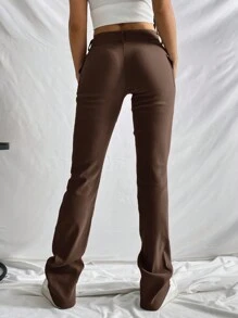 SHEIN EZwear Solid Flap Detail Pants - Rust Brown - View 2