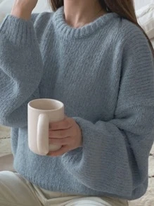 DAZY Suéter de hombros caídos de un solo color, blusas de manga larga, ropa de otoño - Azul - Ver 3