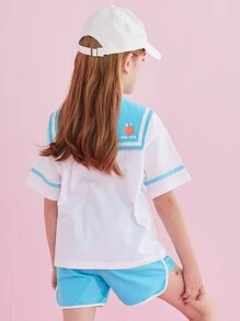 青少年女孩水手領T恤和撞色滾邊短褲