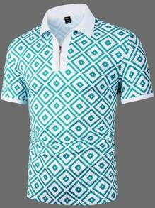 Manfinity Mode Men Geo Print Quarter Zip Polo Shirt - Green - View 6