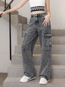 青少年女孩側翻蓋口袋工裝牛仔褲