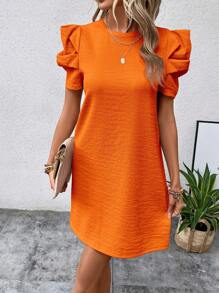 SHEIN Clasi Solid Puff Sleeve Tunic Dress - Orange - View 4