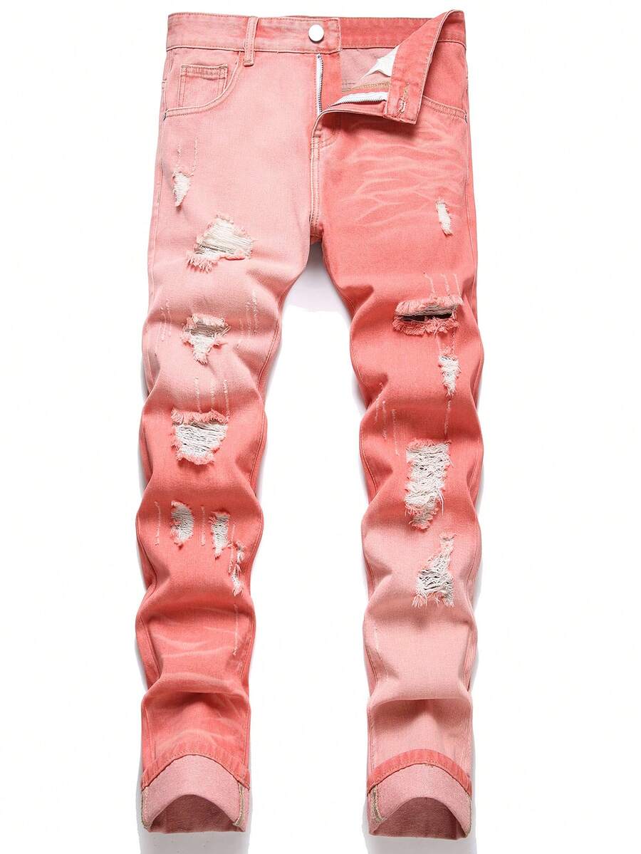 Men's Fashionable Distressed Color Block Denim Jeans - Coral Pink - View 1