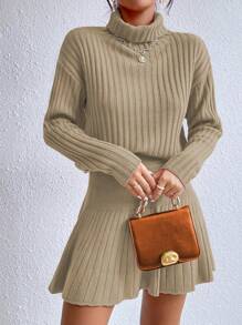 SHEIN Privé 高領落肩袖毛衣和針織裙 - 卡其色 - 查看 6