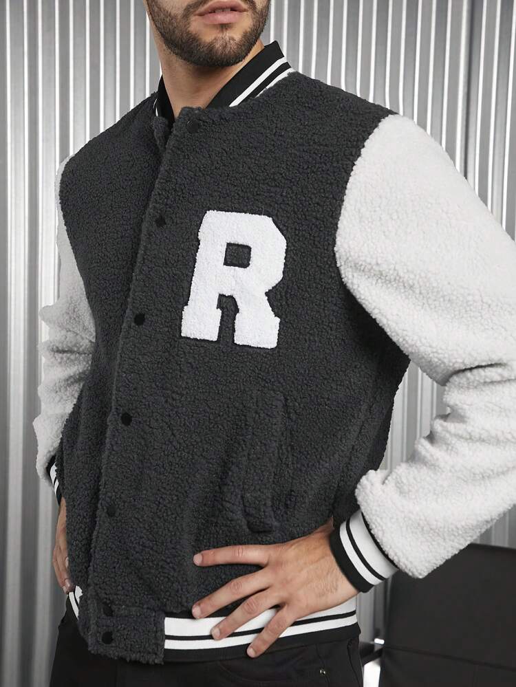 Loose Letter Patched Striped Trim Teddy Varsity Jacket For Men