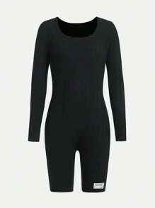 Teen Girl Letter Patched Detail Unitard Romper - Black - View 1