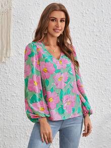 SHEIN VCAY Floral Print Lantern Sleeve Blouse - Green - View 5