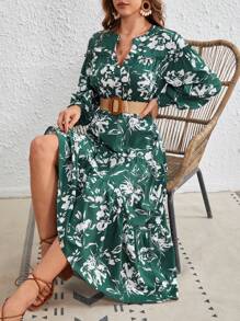 SHEIN VCAY Vestido con estampado floral de cuello notch bajo con fruncido sin cinturón - Verde - Ver 1