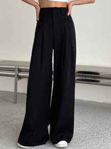 DAZY 高腰褶饰阔腿裤女式正装裤 - 黑色 - 查看 4