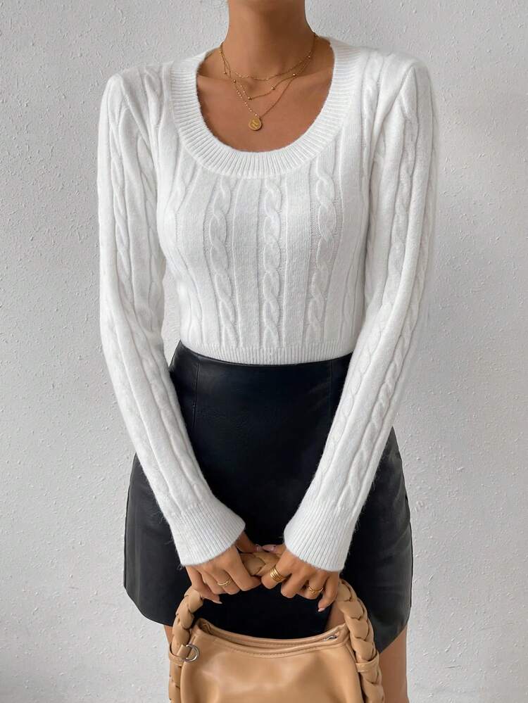 Solid Cable Knit Scoop Neck Knit Pullover Fall Winter Sweater