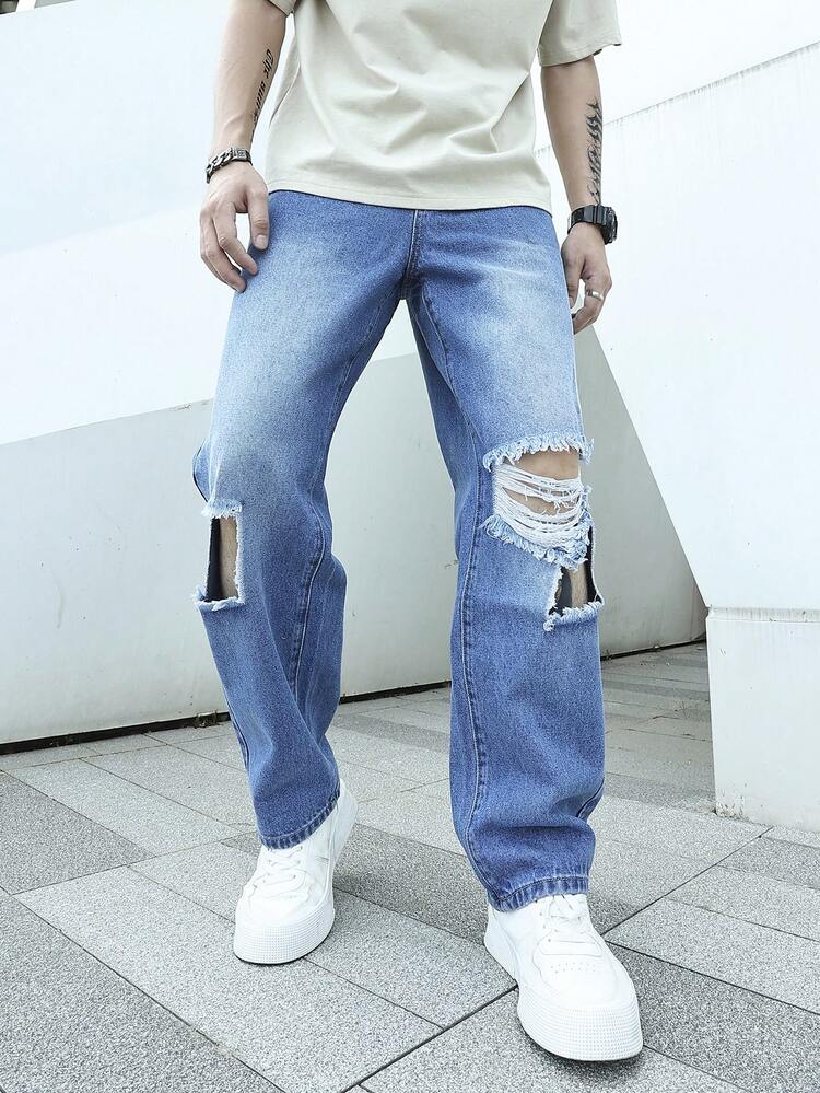 Men Ripped Straight Leg Jeans